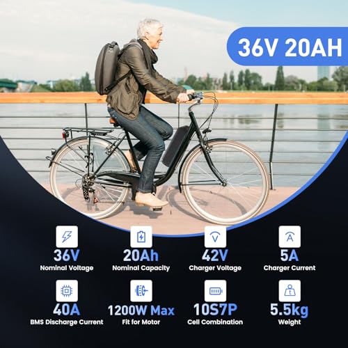Image of Ebike Battery 36V, 20Ah Lithium Pack with BMS for 0-1500W Motor, Indicator Light, Safe Lock, USB Port, XT60 Plug 5pin Replacement Battery