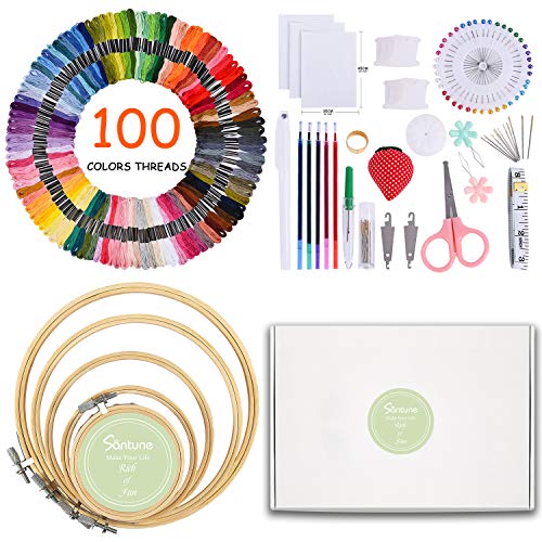 Santune Embroidery Starter Kit 216 Pcs with Instructions,5 Pcs Bamboo Embroidery Hoops,100 Color Embroidery Threads,3 Pcs Embroidered Cloth,DIY Cross Stitch Kits for Adults Kids and Beginner