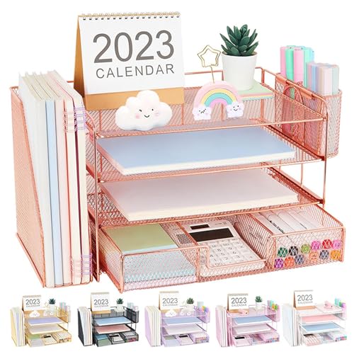 MLWSKERTY Desktop Organizers 4-Tiered Paper File Tray Document Organizers With Magazine Rack Sliding Drawer And 2 Pen Cups
