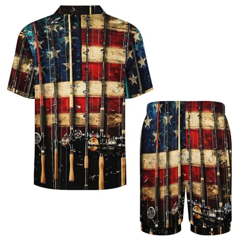 USA Flag Fishing Rod Mens Pajamas Set Short Sleeve Sleepwear Summer Pjs Sets 2 Piece Loungewear Nightwear4