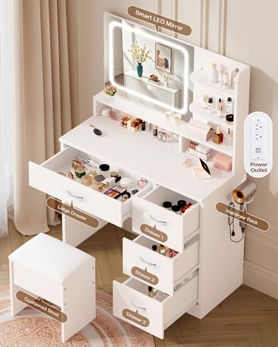 Image of LIVELYGLOW White Makeup Vanity Desk with Charging Station & 4 Drawers | Smart LED Mirror, Cushioned-Stool, Hairdryer-Rack