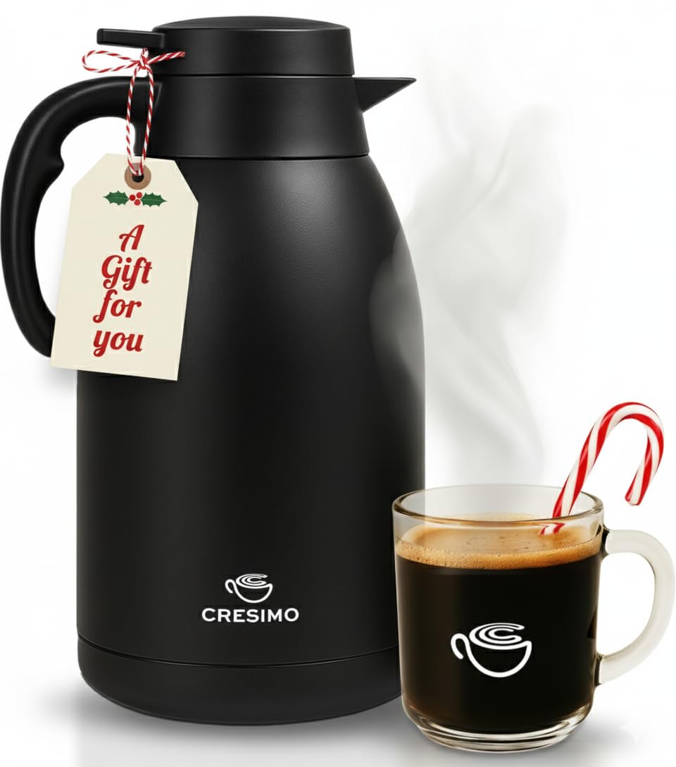 サーマルカラフェ 62オンス - ブラックステンレススチールコーヒーカラフェ 熱い液体用 コーヒーカラフェ 断熱 12時間ホット&24時間保冷飲料ディスペンサー - コーヒーつぼ お湯ディスペンサー - Cresimo