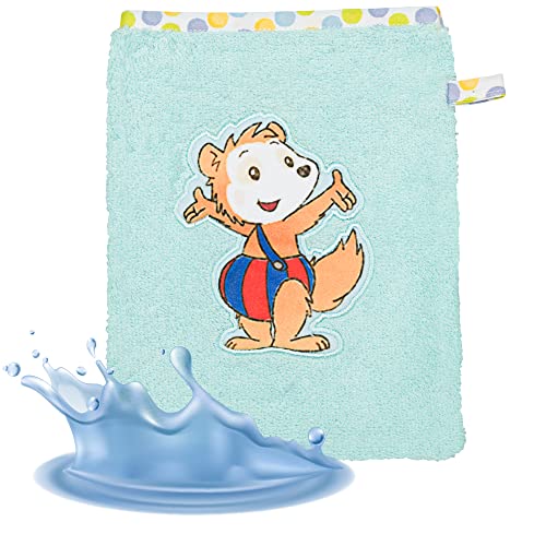 Smithy Waschlappen aus weicher Baumwolle - Öko Tex 100 zertifizierter Waschhandschuh mit Bobo Siebenschläfer für Jungen und Mädchen, türkis Cover