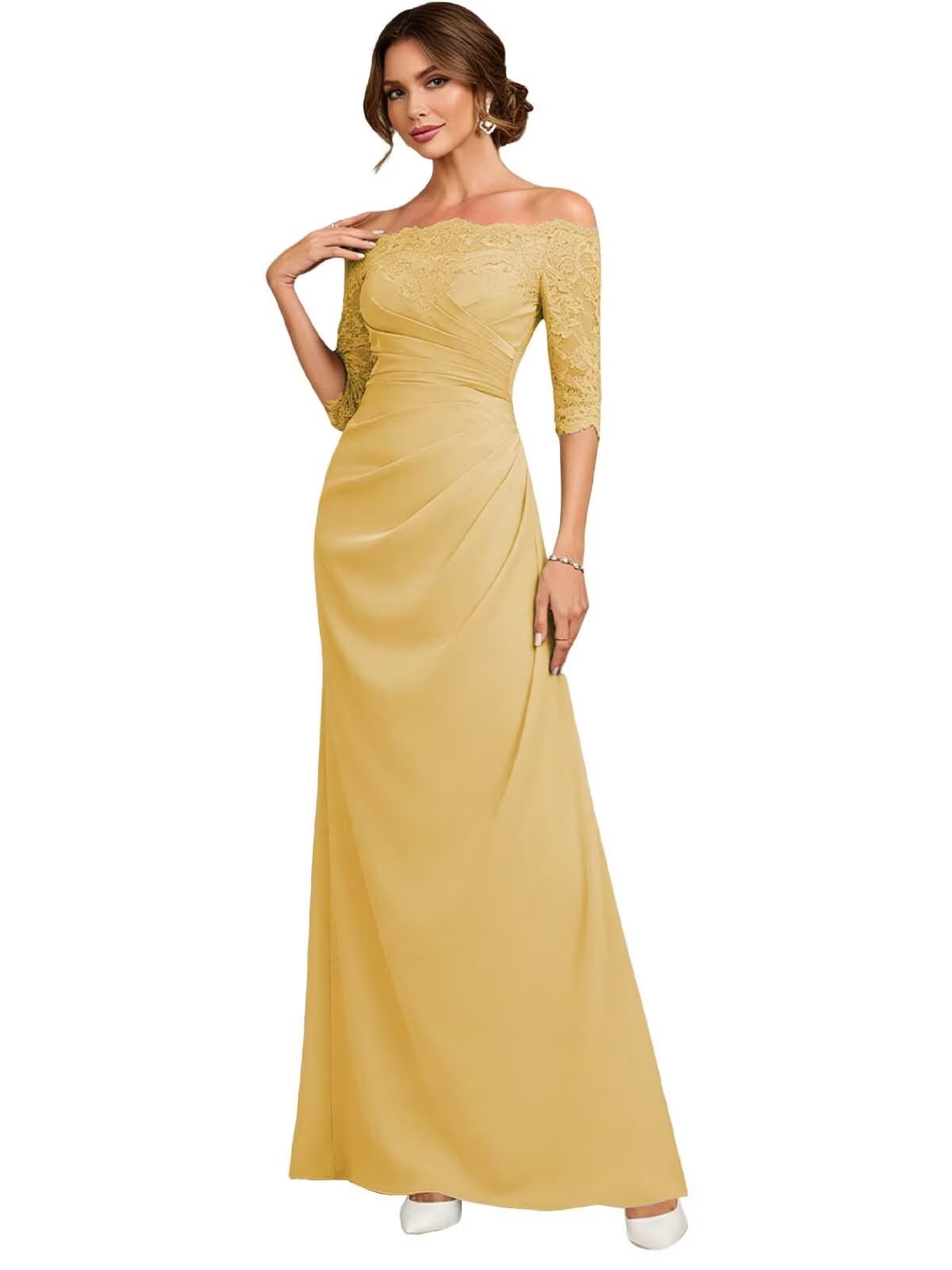 Mother of The Bride Dresses Laces Long Sleeve Off Shoulder Formal Dress Satin Mother of Groom Eevening Gown