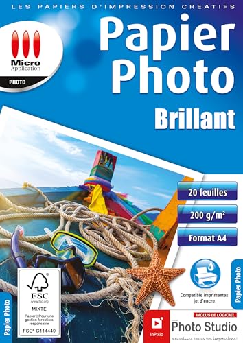 Micro Application Papier photo brillant 200g/m² - 20 feuilles A4 / 21x29,7 cm blanc 5380