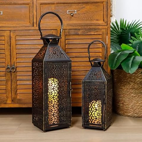 JHY DESIGN Set of 2 Vintage Decorative Candle Lanterns 19"&14''H Moroccan Metal Candle Holders with Hollow Pattern for Garden Porch Shelf Indoor Outdoor Parties Weddings Patio(Black Brushed Gold) Cover
