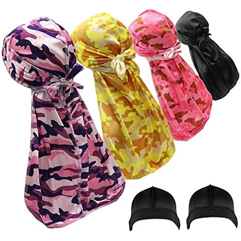 4PCS Silky Durags Skull Caps for Men Waves Women, Do Rags Headwraps with 2 Wave Caps (Stocking Caps), Set-910, One size Cover