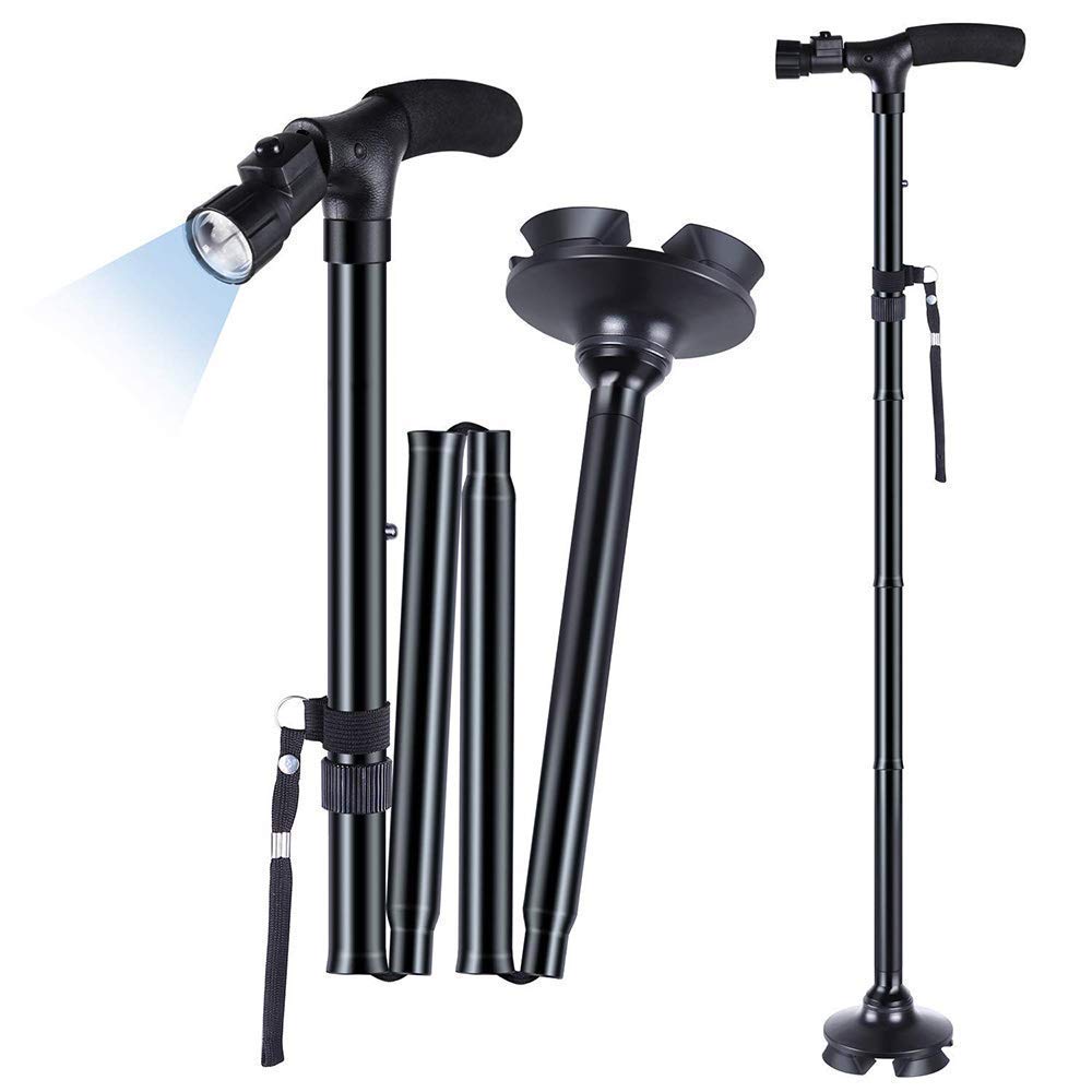 Bastón LED Plegable Bastones de Viaje Plegables Ajustables con luz LED y 5 Niveles Altura Ajustable Plegable Ligero para Hombres Mujeres Ancianos (Negro) Interesting