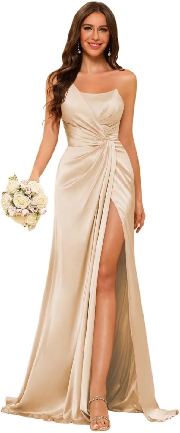 YOFF One Shoulder Bridesmaid Dress with Slit Long Satin Prom Mermaid Maxi Formal Dresses YO013
