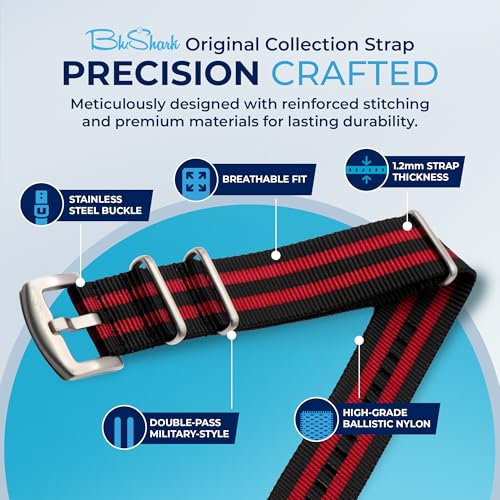 Image of BluShark - Original Collection Military-Style Waterproof Watch Strap, Fits All Timepiece Brands, Durable Nylon Wristwatch Accessories with Stainless Steel Buckle - 18mm, 20mm, 22mm & 24mm Watch Bands