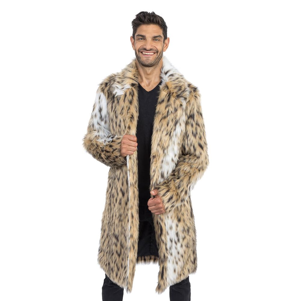 Chaks - Men's faux fur coat, long jacket with leopard print, costume accessory for carnival and party