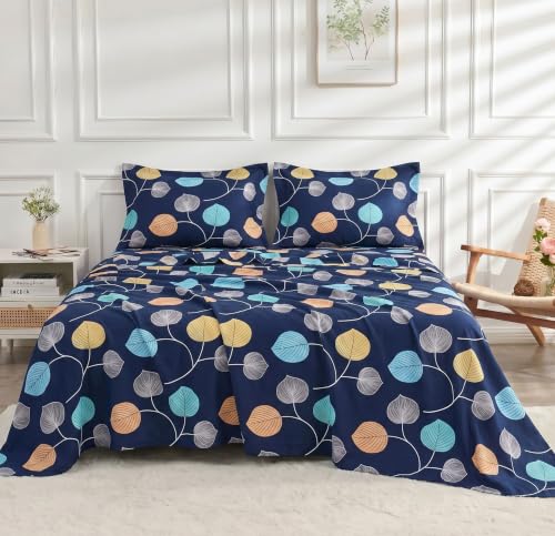 Image of BSB HOME 210 TC Cotton Feel Double Bedsheet with 2 Pillow Covers, Soft & Breathable Floral Printed Bed Sheet, Easy Care Bedding for Bedroom - 86 x 88 Inches (218 x 224 cm) (Midnight Ink Navy)