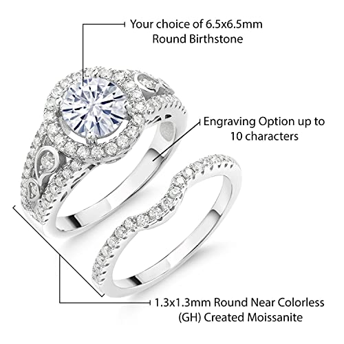 925 Sterling Silver Customized and Personalized Name Engraved Round Gemstone Birthstone and White Moissanite Wedding Engagement Ring Band Bridal Set For Women (1.74 Cttw, Available In Size 5,6,7,8,9)2