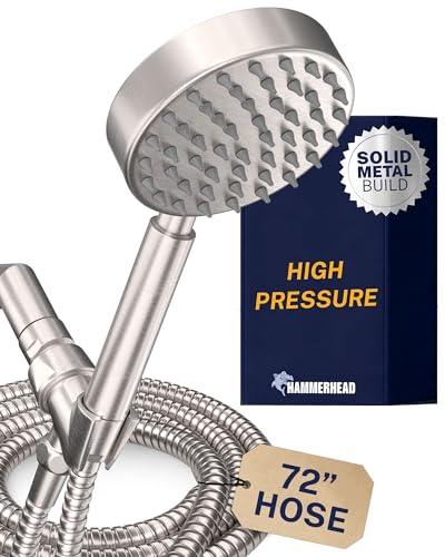Image of All Metal Hand Held Shower Head with Hose and Holder, Brushed Nickel | 2.5 GPM Rainfall Flow with Removable Restrictor | 4 inch Handheld Showerhead, 72 Inch Long Flexible Hose, Adjustable Bracket
