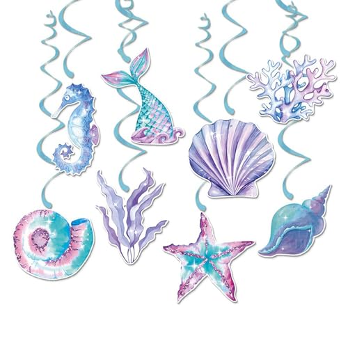 Weenwill Décoration d'anniversaire Sirène,8 PCS Guirlandes Spirales Suspendues,Coquillages,Étoiles de Mer,Algues,Hippocampes,Océan,Décorations Sirène Anniversaire Enfant Décoration pour Enfants