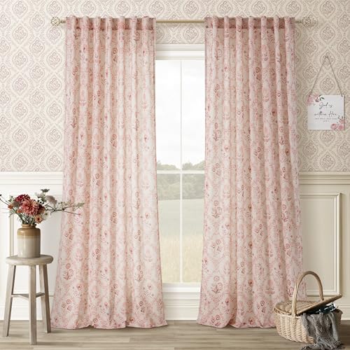 Image of Pink Floral Printed Linen Curtains 120 Inches Long 2 Panels for Living Room