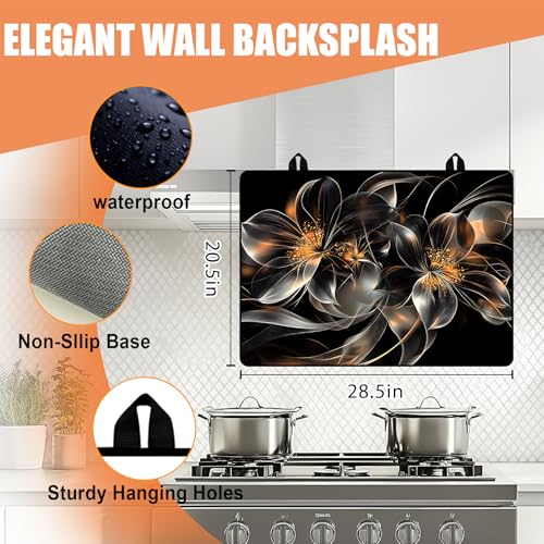 Image of 28 inchx20 inch Anti-Slip Electric Stove Top Cover Black flowers Foldable Heat-Resistant Glass Stove Top Cover Protector, Multi-Scenario Use Dish Drying Mat