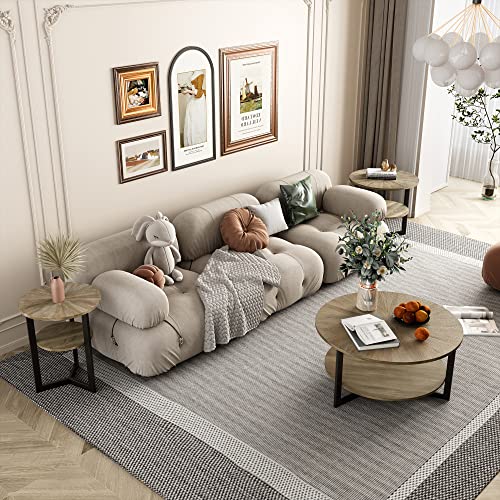 LEEMTORIG 33.5" Round Wood Coffee Table, 2-Tier Circle Round Coffee Table with Storage for Living Room, Mid-Century Modern Style with Texture Surface, Yellowish Brown with Black Metal Legs, KFZ-1338 - Image 2