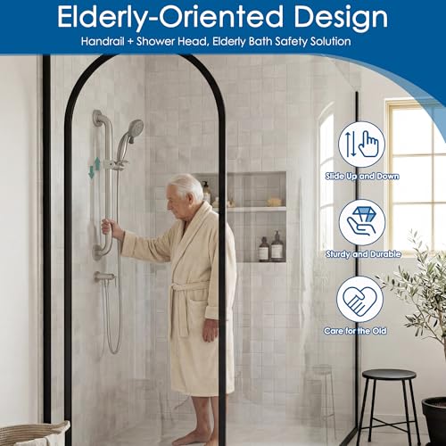 Handheld Shower Head with 24 Inch Slide Bar, ADA Grab Bar, Brushed Nickel by ALWEN - Used condition - Image 4