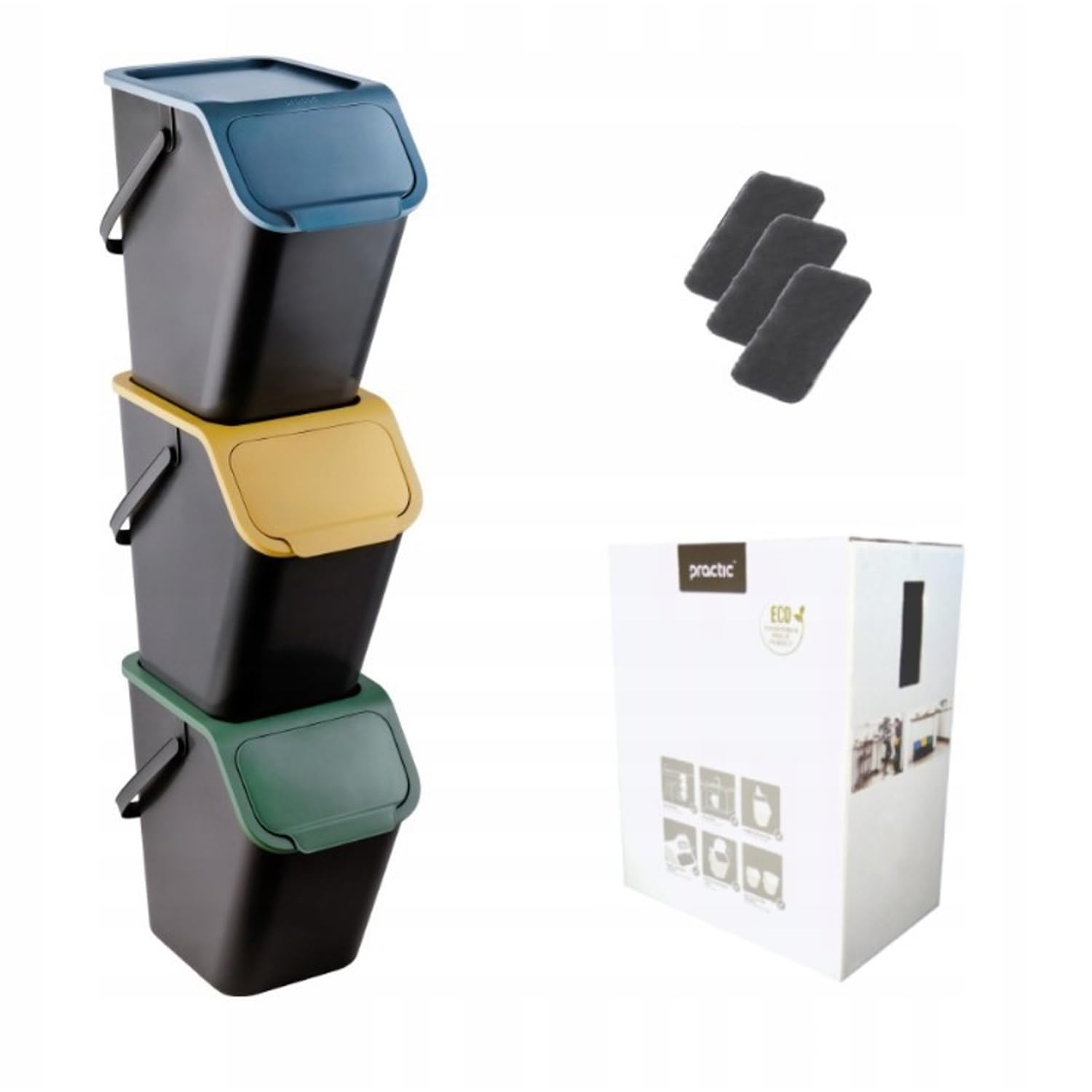 Practic Bini Juego de 3 Cubos de Basura, Cubos Apilables, Tapa con Sistema de Clic, Separación de Residuos de Cocina (3x25L + filtros)