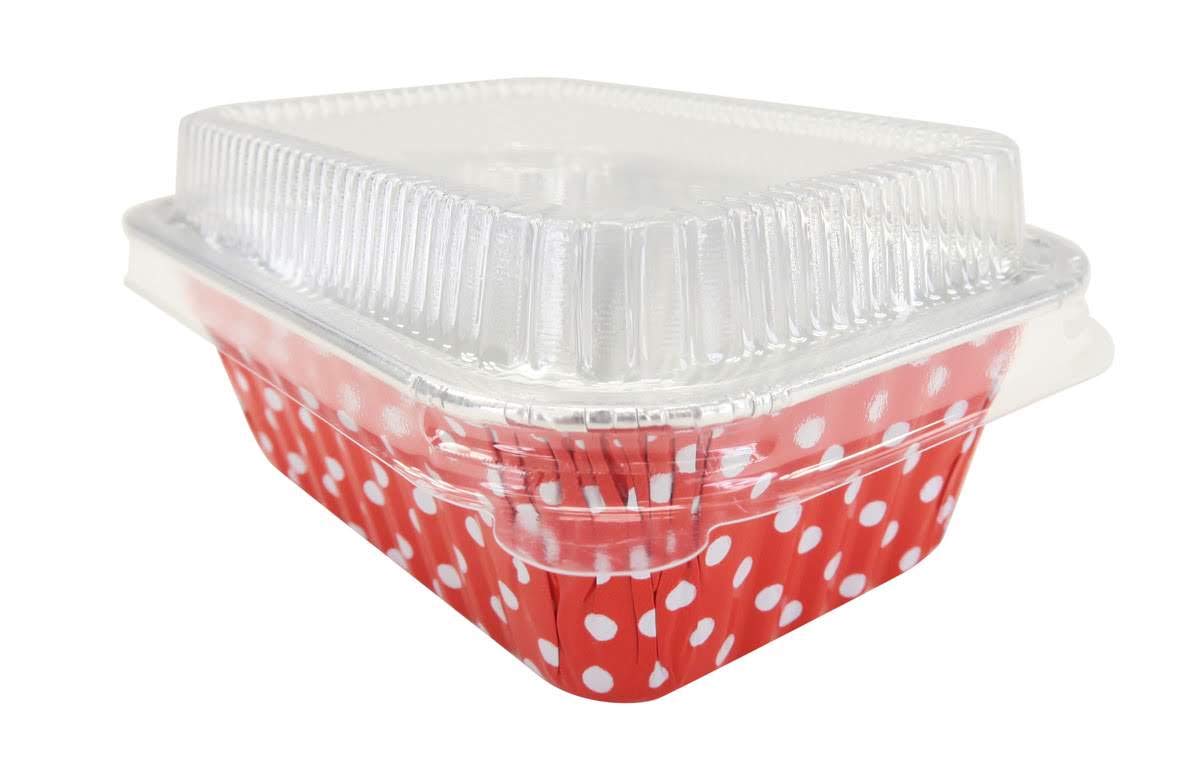 KitchenDanceDisposable Aluminum Mini Loaf Pans with LIds - 6 Ounces Rectangular Individual Sized Loaf Pans, Oven Safe Aluminum Foil Baking Pans perfect for Cakes, Cobblers- #4004 (Red Polka Dot, 50)