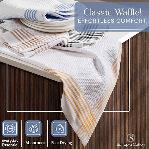 Image of Waffle White & Multi Colors Kitchen Towels Set of 4, 100% Cotton, 16x26 inches, Quick Dry Dishcloths, Ideal Dish Towel for Drying, Wiping - Mustard Yellow, Sky Blue, Brown, Black