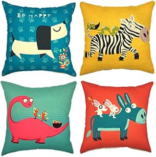 YOUR SMILE Children Series Cute Cartoon Animal Cotton Linen Decorative Throw Pillow Case Cushion Cover Pillowcase for Sofa 18 x 18 Inch, Set of 4