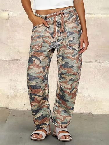 Flamingals Wide Leg Mid Waist Causal Baggy Barrel Jeans for Women Drawstring Eyelet Waist Denim Pants2