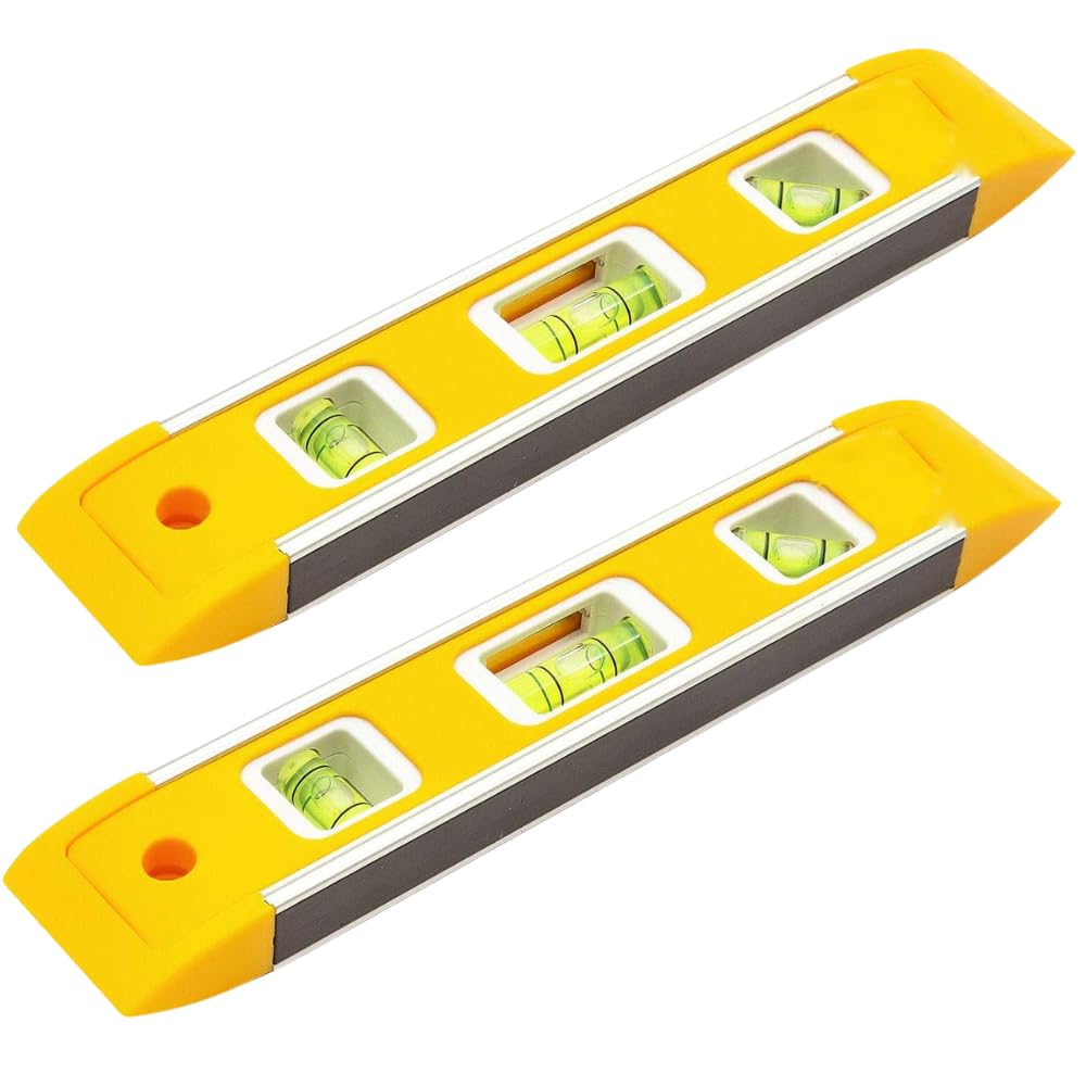 2 Pack Magnetic Torpedo Spirit Level 22.5cm / 9" | Yellow Pocket Level with 3 Vials (Horizontal/Vertical/45°) | Lightweight Brick Line & DIY Level for Home, Workshop & Trades