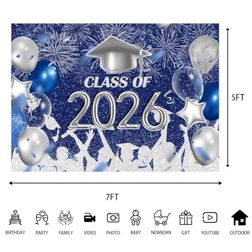 Lofaris Class of 2026 Party Photography Backdrop Royal Blue and Silver Congrats Grad Graduation Caps Background Celebration Graduation Prom Party Decor Banner Photo Booth Props 7x5ft