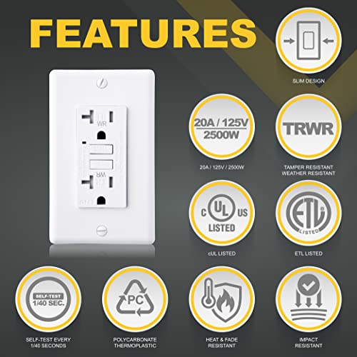 Faith 20A Outdoor Gfci Outlets, Weather And Tamper-Resistant Gfi Duplex Receptacles, Self-Test Wr Tr Ground Fault Circuit Interrupter With Wall Plate, Etl Listed, White #TOP2