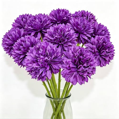 Tinsow 12 Pcs Artificial Flowers Purple Faux Ball Chrysanthemum Bouquet Flowers Wedding Bouquet for Home Garden Party Wedding Decoration