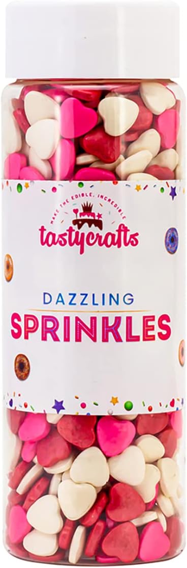 Tastycrafts Edible Heart Shape Sprinkles | Hearts Sweet Candy Topping for Cake Decor | Cake Decoration and Garnishing | Best use for Cupcake, Pastry, and Cake Toppers - 100 GM (Red, Pink & White)