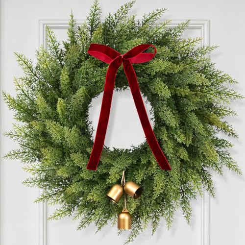 24" Realistic Christmas Wreath with Bow Bell, Real Touch Cedar Wreath