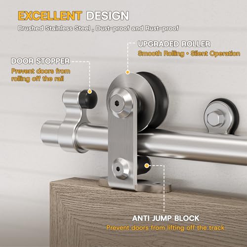 WINOVERCO 66”/5.5FT Top Mount Sliding Barn Door Hardware Kit Stainless Steel, Heavy Duty, Smoothly and Quietly, Barn Door Track Fit Max. 34" Wide Single Door, Easy to Install (Panel not Included) by WINOVERCO - Used condition - Image 5