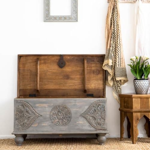Image of Devin Wooden Trunk Box for Storage | Solid Wood Coffee Table for Living Room | Center Coffee Table with Storage | Front Wooden Carved Sandook Pitara for Home Decor & Bedroom (Grey Distress)