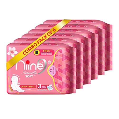 Image of NIINE Naturally Soft Ultra Thin XL+ Sanitary Napkins for Heavy Flow (Pack of 6) 90 Pads with Free Biodegradable Disposal Bags