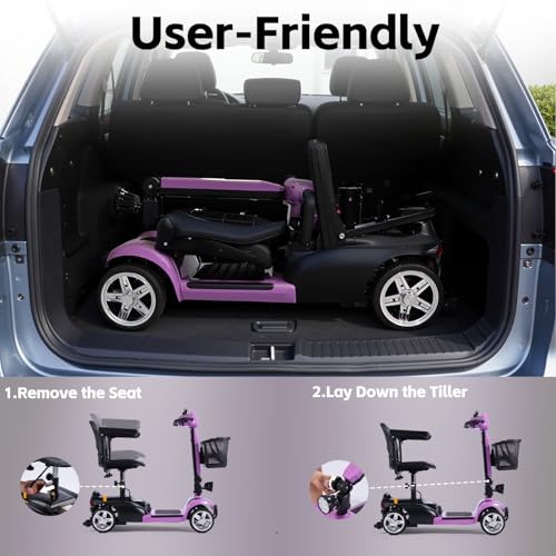 Image of 4 Wheel Mobility Scooter, Electric Scooter with Seat,Lightweight Mobility Scooter with Removable Battery. 6 MPH High Speed 265 lbs Capacity, Foldable Design (Purple)