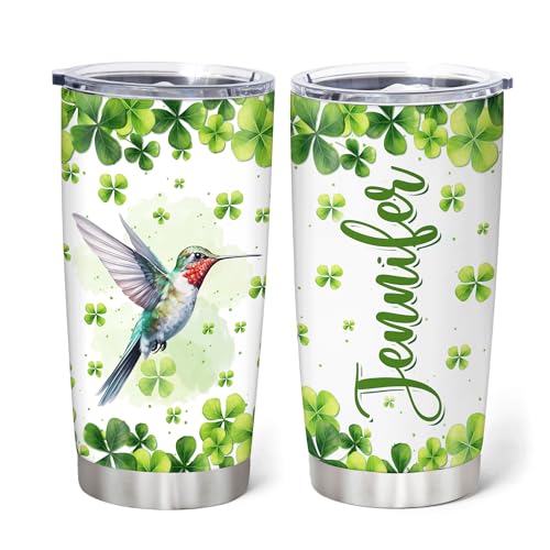 Hyturtle Personalized Gifts Hummingbird Lover - With Lucky Four Leaf Clover Custom Name Coffee Tumbler Cup Stainless Steel 20oz, Animal Lover Gifts For Women, Girl On Birthday, St Patricks Day