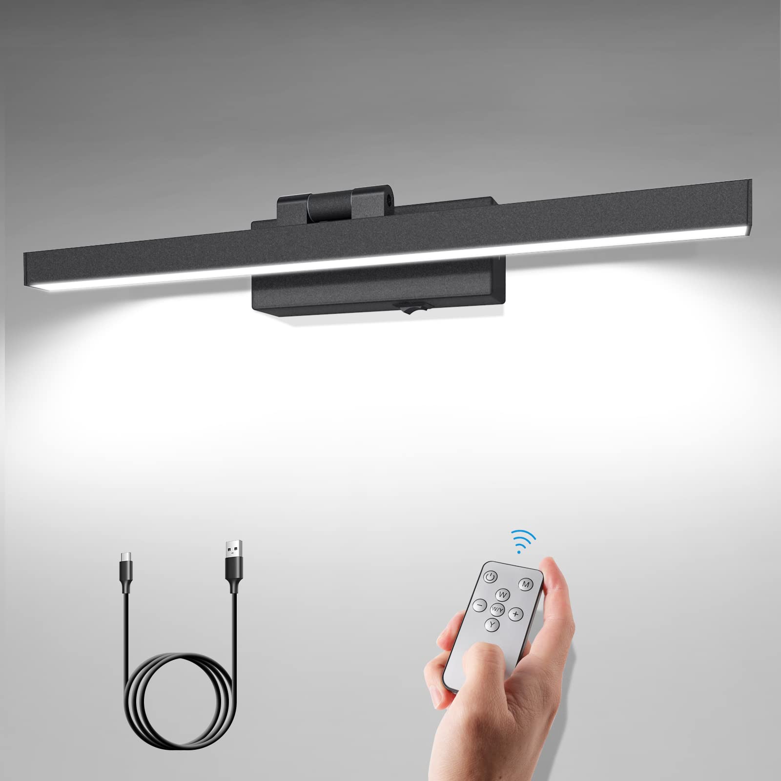 VOLISUN 15.7in Battery Operated Wall Sconce, 3CCT Dimmable Black Picture Light with Remote, 270° Adjustable Head, USB-C Rechargeable Bar Wall Light for Bedroom, Painting, Mirror, Computer, Reading