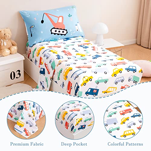 Image of PERFEMET 4-Piece Toddler Bedding Set Boys Cars Toddler Comforter with Sheets Reversible Lightweight Blue Vehicles Toddler Bed Set for Crib(Blue, Cars)