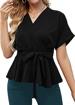 SELINK Women's Casual V Neck Blouse Batwing Sleeve Knot
