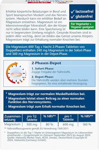 Doppelherz Magnesium 600 Tag und Nacht 2-Phasen-DEPOT - Magnesium trägt zur normalen Muskelfunktion bei - Hochdosiert - 30 DEPOT-Tabletten