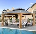 Domi Outdoor Living 12’x16’ Hardtop Gazebo, Wooden Coated Aluminum Frame Canopy with Galvanized Steel Double Roof, Outdoor Permanent Metal Pavilion with Curtains and Netting for Patio, Deck and Lawn