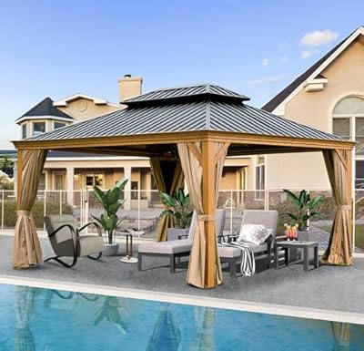 Domi Outdoor Living 12’x16’ Hardtop Gazebo, Wooden Coated Aluminum Frame Canopy with Galvanized Steel Double Roof, Outdoor Permanent Metal Pavilion with Curtains and Netting for Patio, Deck and Lawn