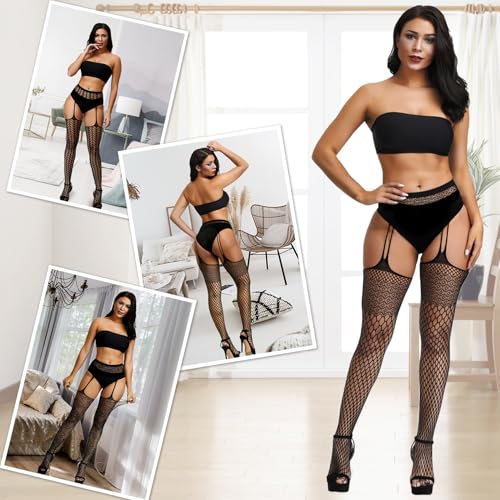 Image of Chalier Fishnet Stockings Lace Tights Thigh High Stockings for Women | Soft Elastic Blend, High Waisted, Suspender Pantyhose, Snug Body Hug, Classic Pattern, Skirt Shorts Match, Party Night Wear