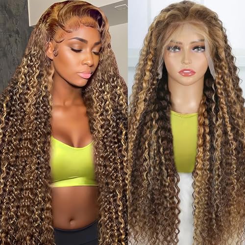 Image of 20 Inch Highlight Ombre Deep Wave Lace Front Wigs Human Hair 180% Density 4 /27 Colored Honey Blonde Human Hair Wig 13x6 HD Lace Front Wig Pre Plucked No Synthetic Blend No Tangle No Shedding