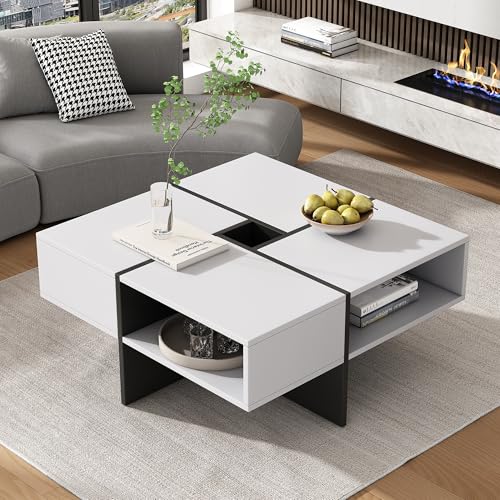 Merax Couchtisch Wohnzimmertisch mit 5 offene Fächer und Ablagefach, Modern quadratischer Kaffeetisch Sofatisch Beistelltisch Teetisch, für Büro, Empfang, Wartebereich, Bis 30KG, 70x70x35cm, Weiß
