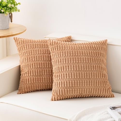Image of Pack of 2 Corduroy Decorative Throw Pillow Covers 18x18 Inch, Apricot | Fall Soft Striped Pillow Covers Modern Farmhouse Home Decor Christmas Throw Pillow Covers for Sofa Living Room Couch Bed
