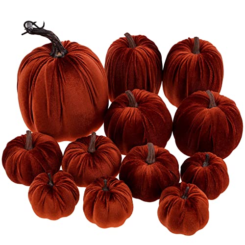 Funzhan 12Pcs Assorted Artificial Pumpkin Set Decor Brown Velvet Foam Pumpkin Thanksgiving Halloween Fall Harvest Home Kitchen Table Party Pumpkin Decoration